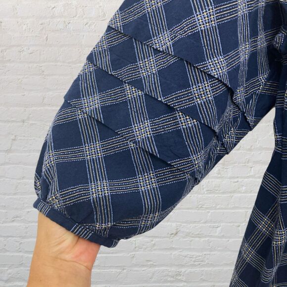 Wrap London Navy Plaid Balloon Sleeve Mini Dress L - Picture 9 of 14